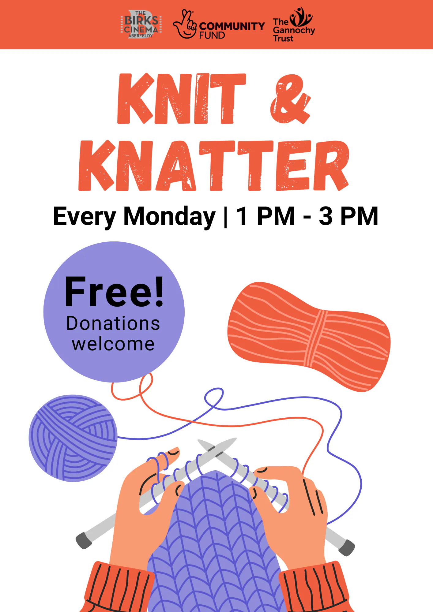 Knit & Knatter, Every Monday 1pm to 3pm, free, donations welcome