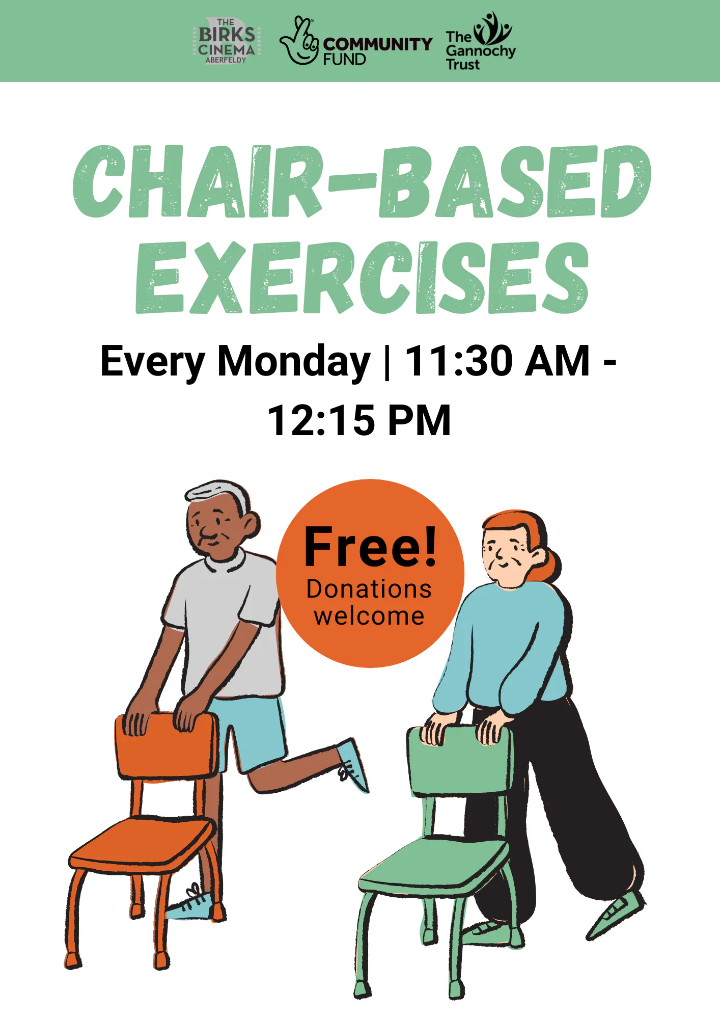 Chair-Based Exercises, Every Monday 11:30am to 12:15pm, free, donations welcome