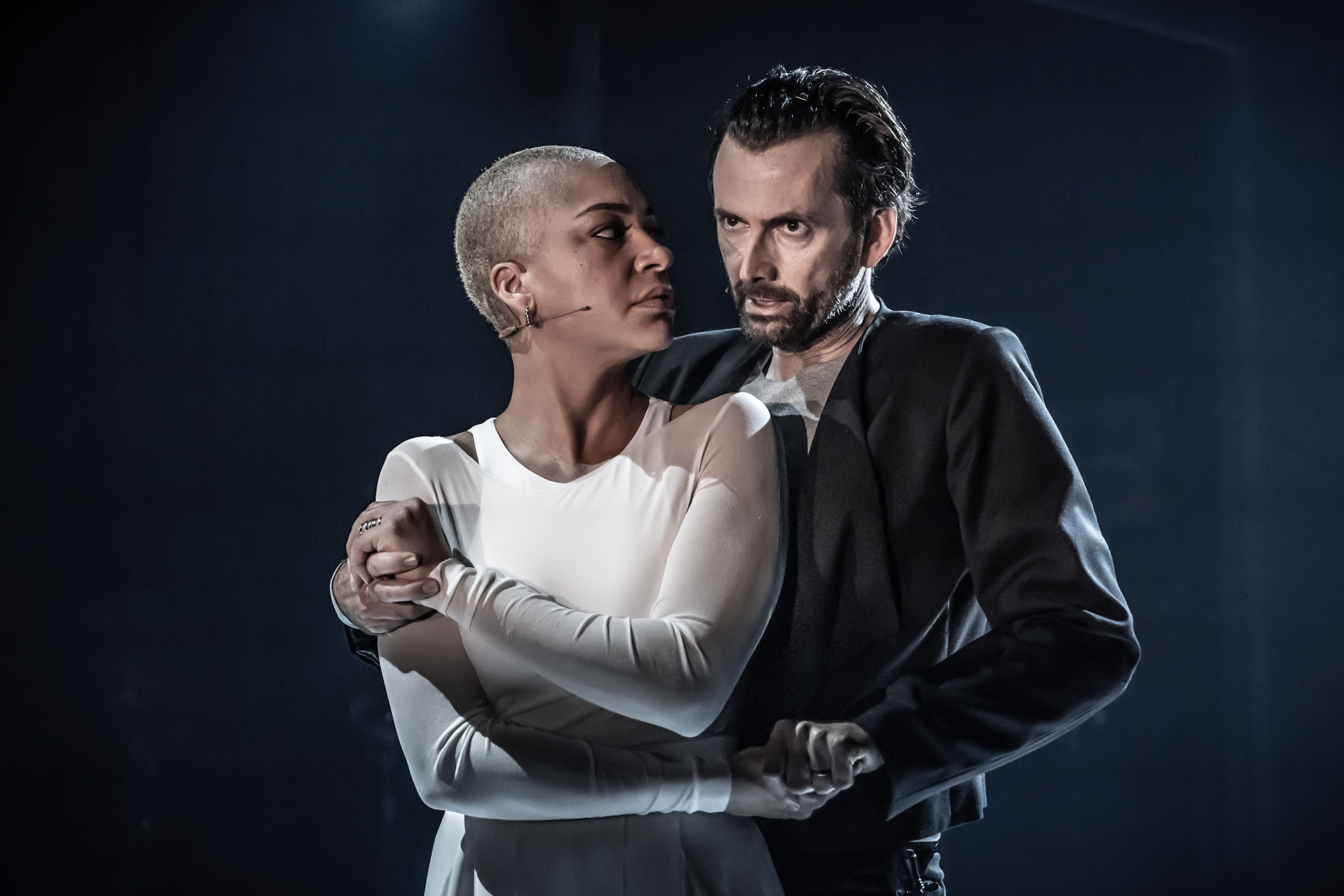 David Tenant and Cush Jumbo on stage in Macbeth from Trafalgar Releasing.