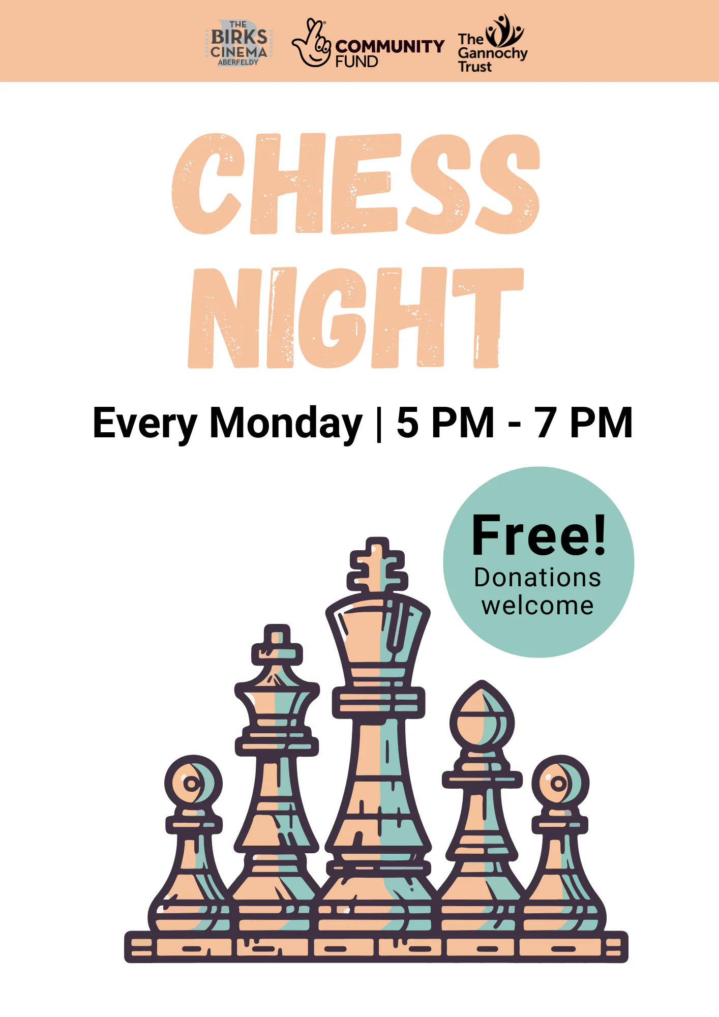 Chess Night at the Birks Cinema, Every Monday 5pm-7pm, Free, donations welcome