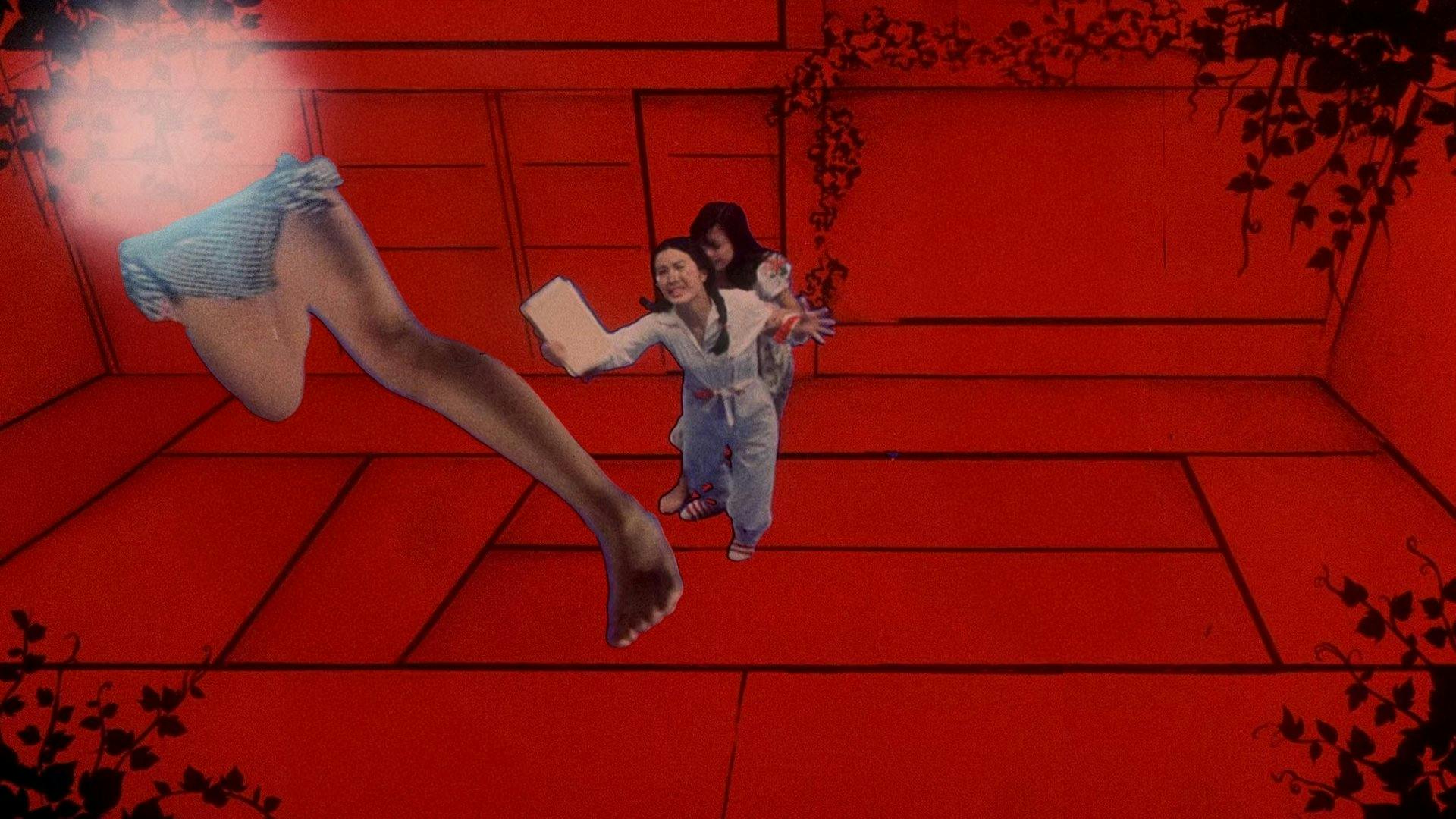 Two friends chasing floating legs in a red room from House, 1977