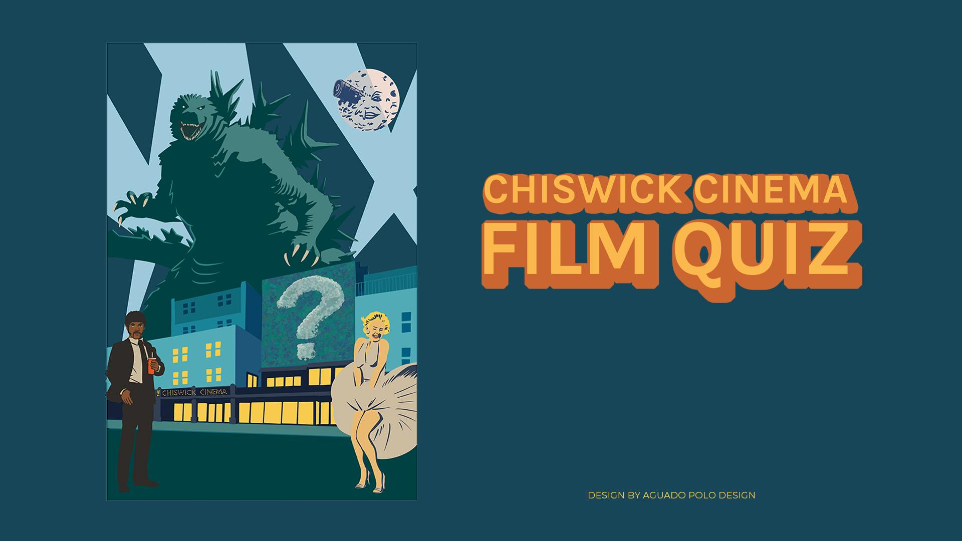 The cinema's Quiz iconography featuring classic film characters in a cartoon display.