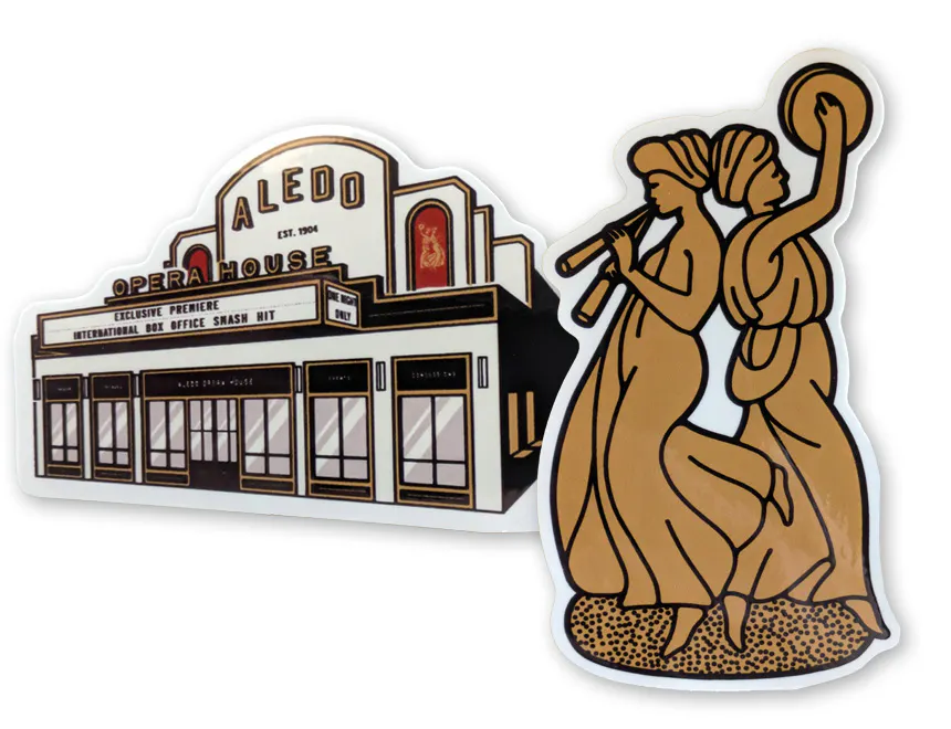 two sticker designs of a theater building and two dancing muses
