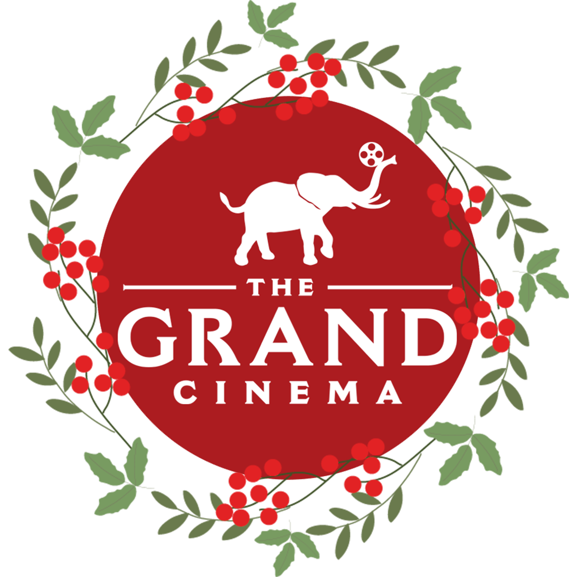 A Red Grand Cinema Logo with holly surrounding it.