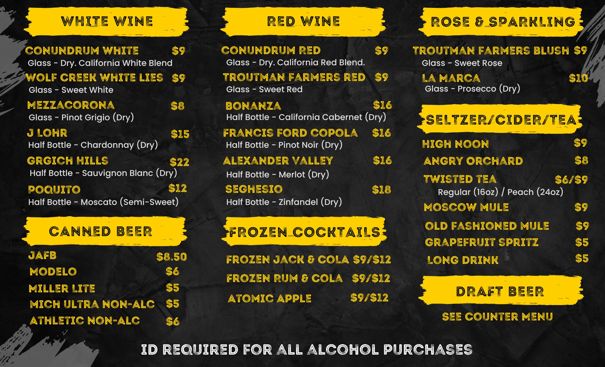 Alcohol menu at the Lyric Theater