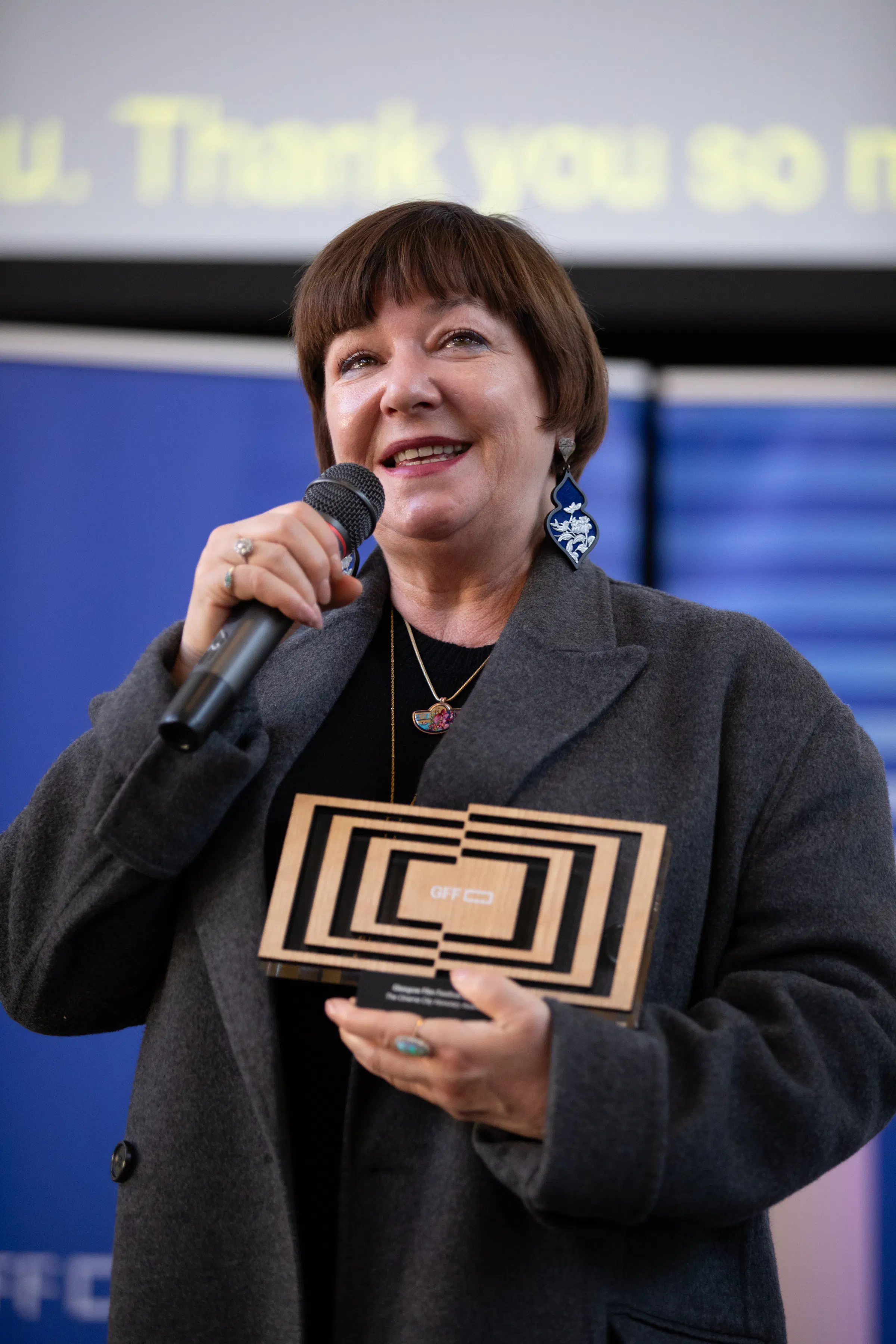 Director Lynne Ramsay receives the Cinema City Honorary Award at GFF26. Photography by Amy Muir.