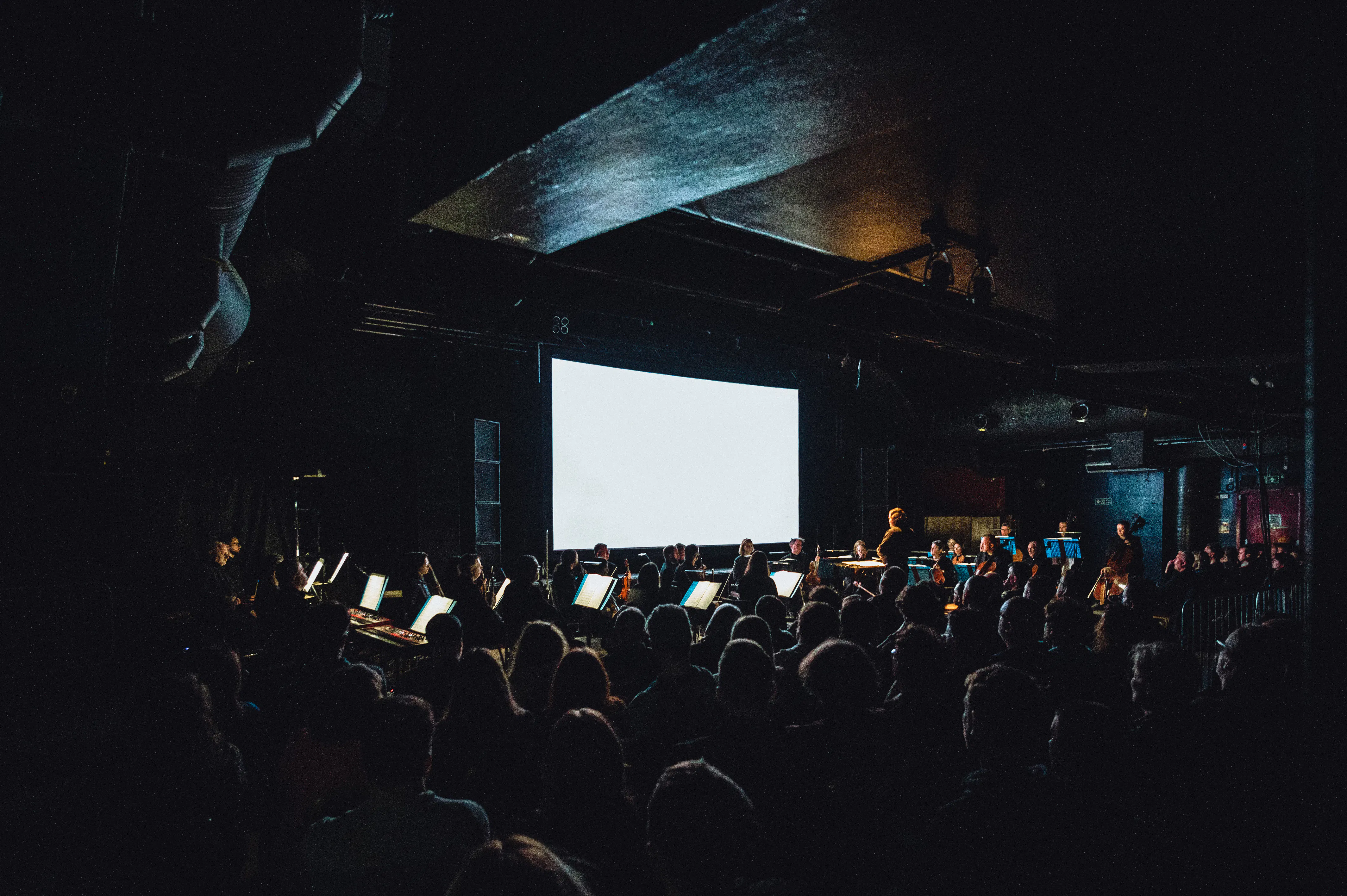 A seated audience viewing a film screening which is accompanied by a live orchestra.