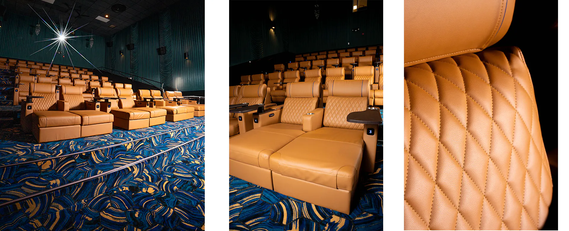 three views of the Starlux Private Cinema lounge interior