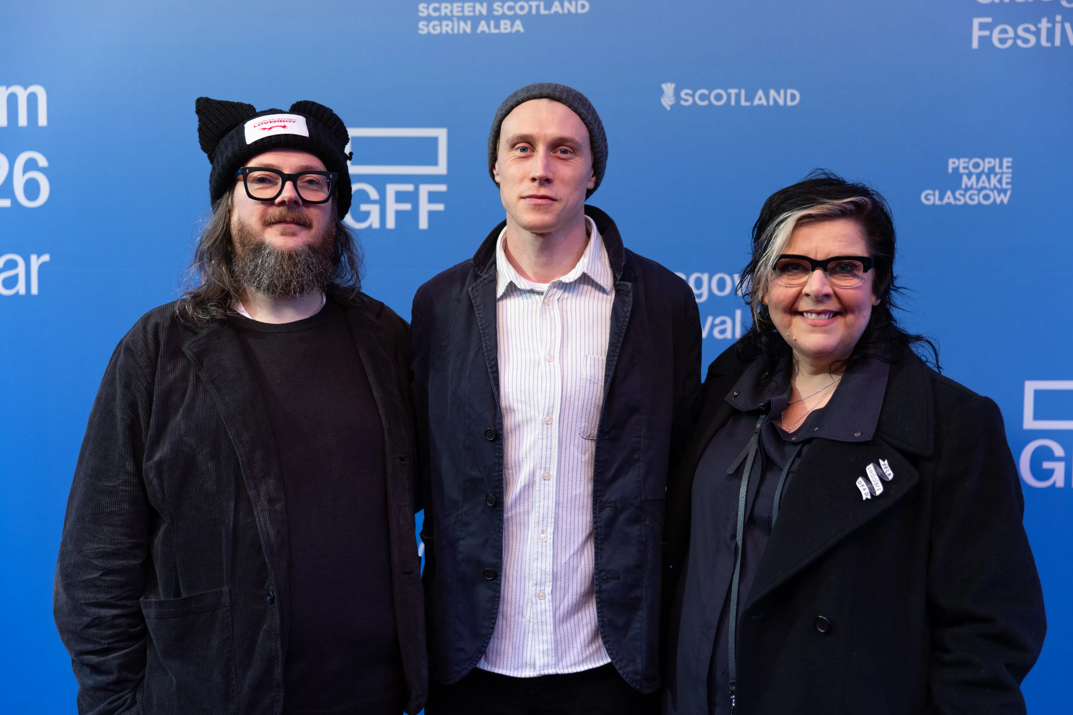 Iain Forsyth, Jane Pollard & George Mackay on the red carpet at GFF26. Photography by Amy Muir.